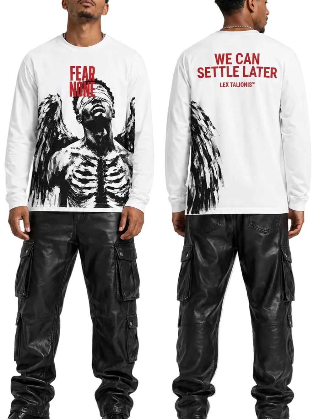 FEAR NONE Long-Sleeve Graphic Tee - White with Black & Red Print